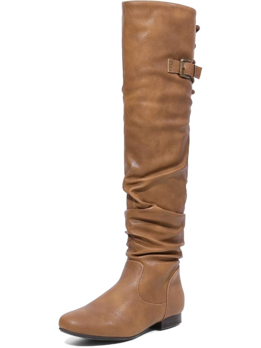 Women's Camel Pu Flat Heel Pointed Toe Slouch Over The Knee Thigh High Boots